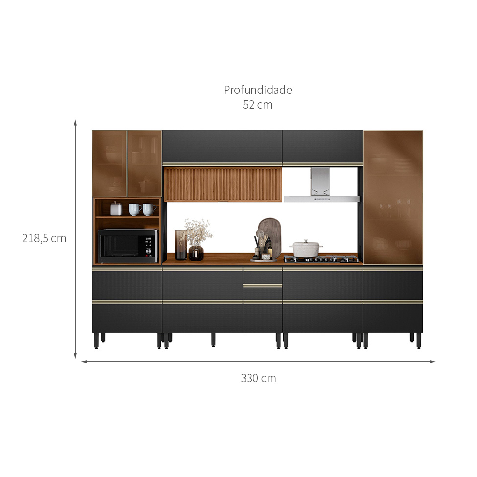 Armário de Cozinha Compacta com Vidro Reflecta Proença Ripado 8 Portas 9 Gavetas Carbono e Nogueira