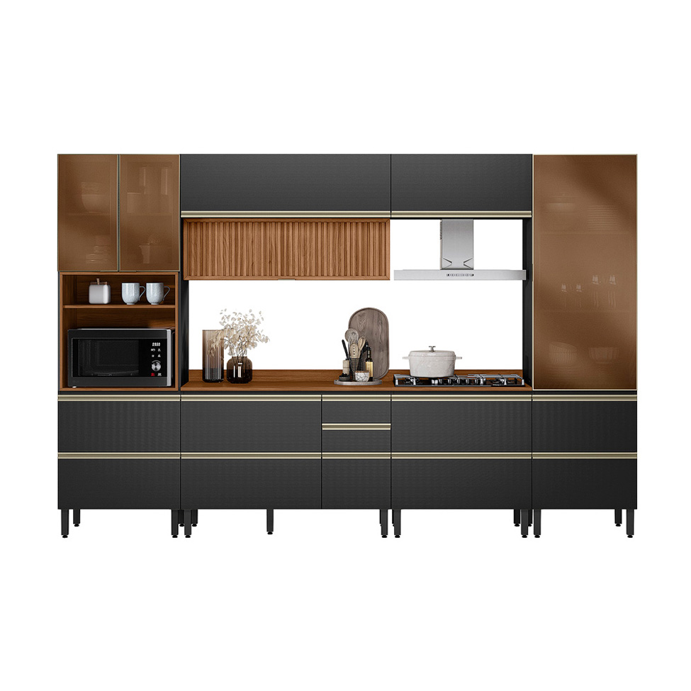 Armário de Cozinha Compacta com Vidro Reflecta Proença Ripado 8 Portas 9 Gavetas Carbono e Nogueira