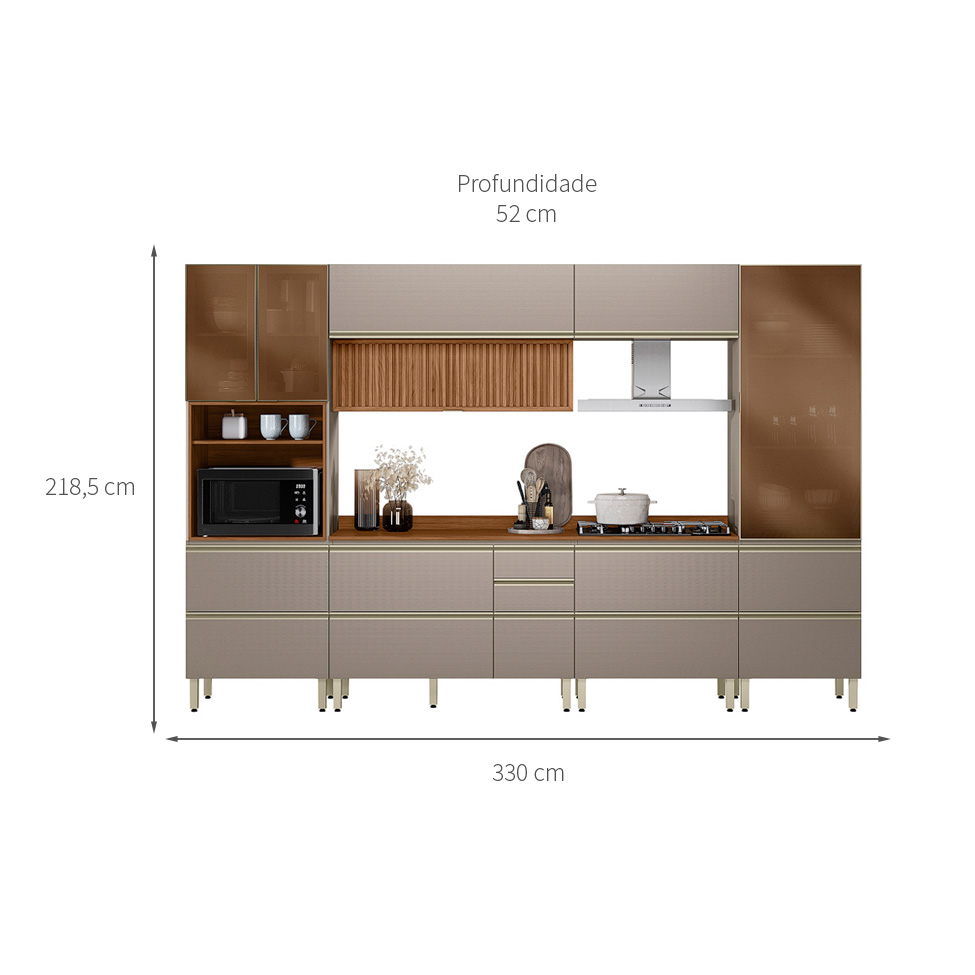 Armário de Cozinha Compacta com Vidro Reflecta Proença Ripado 8 Portas 9 Gavetas Nude e Nogueira