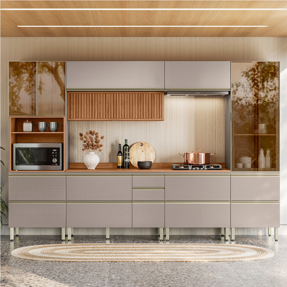 Armário de Cozinha Compacta com Vidro Reflecta Proença Ripado 8 Portas 9 Gavetas Nude e Nogueira