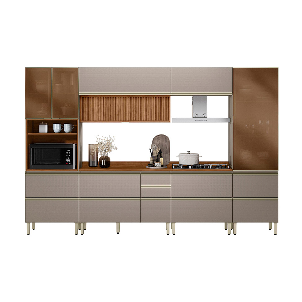 Armário de Cozinha Compacta com Vidro Reflecta Proença Ripado 8 Portas 9 Gavetas Nude e Nogueira