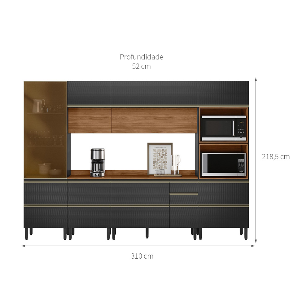 Armário de Cozinha Completa com 1 Vidro Reflecta Proença 9 Portas 8 Gavetas Carbono e Nogueira