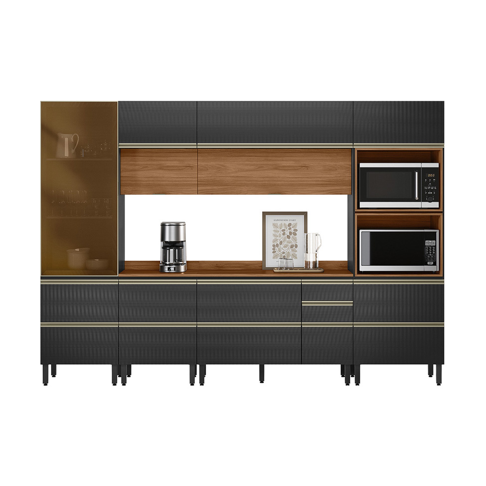 Armário de Cozinha Completa com 1 Vidro Reflecta Proença 9 Portas 8 Gavetas Carbono e Nogueira