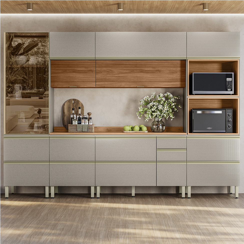 Armário de Cozinha Completa com 1 Vidro Reflecta Proença 9 Portas 8 Gavetas Nude e Nogueira
