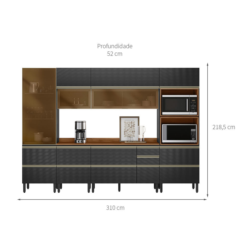 Armário de Cozinha Completa com 3 Vidros Reflecta Proença 9 Portas 8 Gavetas Carbono e Nogueira