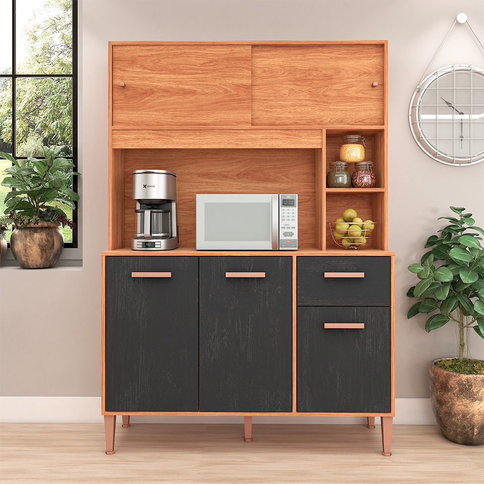 Armário de Cozinha Pérola 5 Portas 1 Gaveta Cinamomo e Grafite