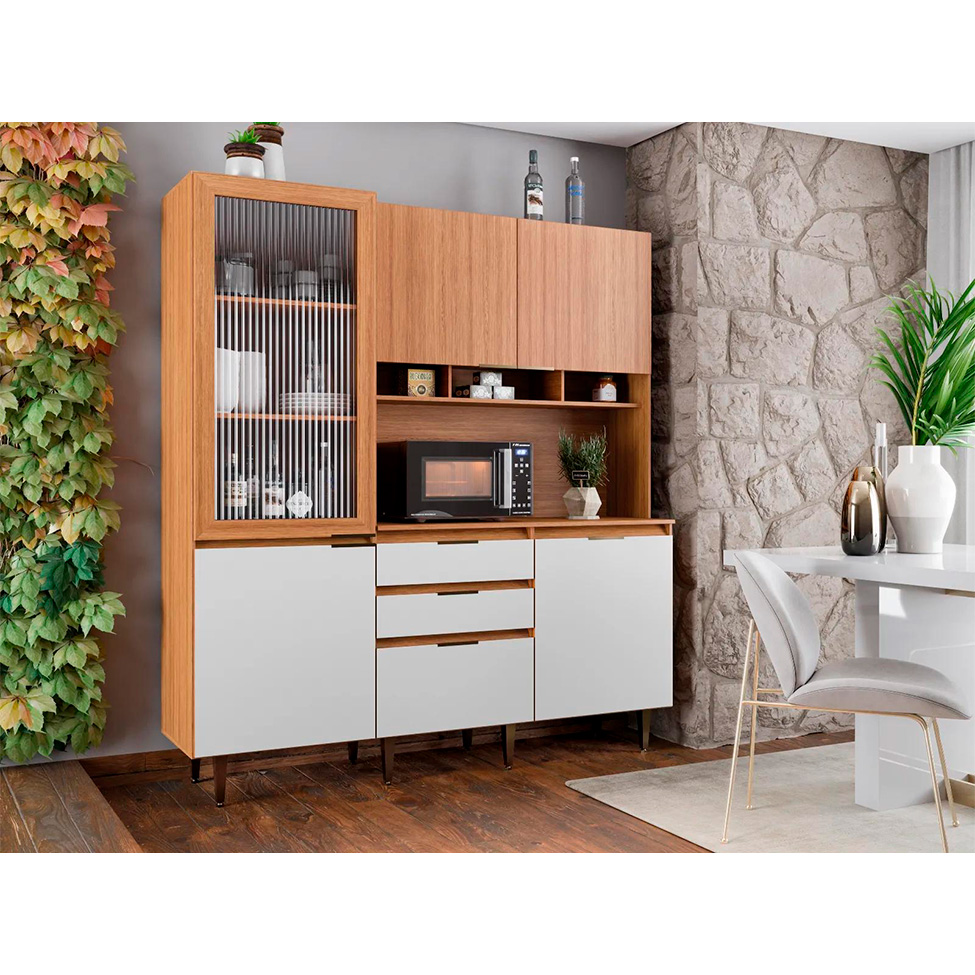 Armário de Cozinha Superiore 5 Portas 3 Gavetas Off White e Freijó