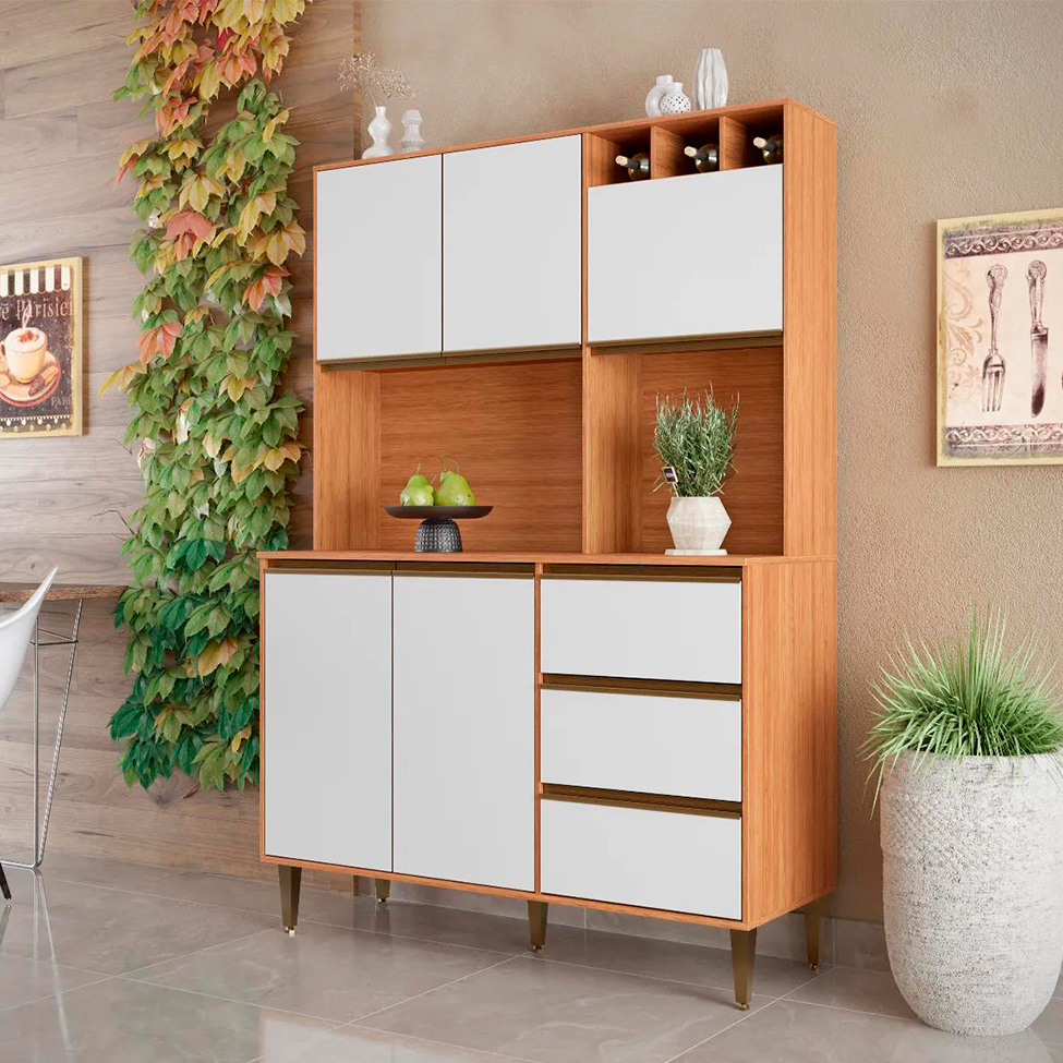 Armário de Cozinha Versatti 5 Portas 3 Gavetas Off White e Freijó