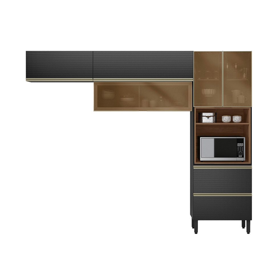 Armário de Cozinha com Vidro Reflecta Compacta Proença 5 Portas 2 Gavetas Nogueira e Carbono
