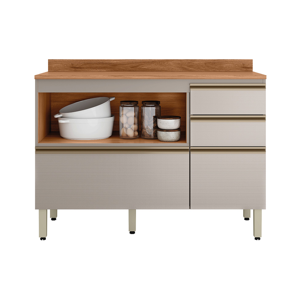 Balcão com Tampo Proença 1 Porta 4 Gavetas Bege e Nogueira