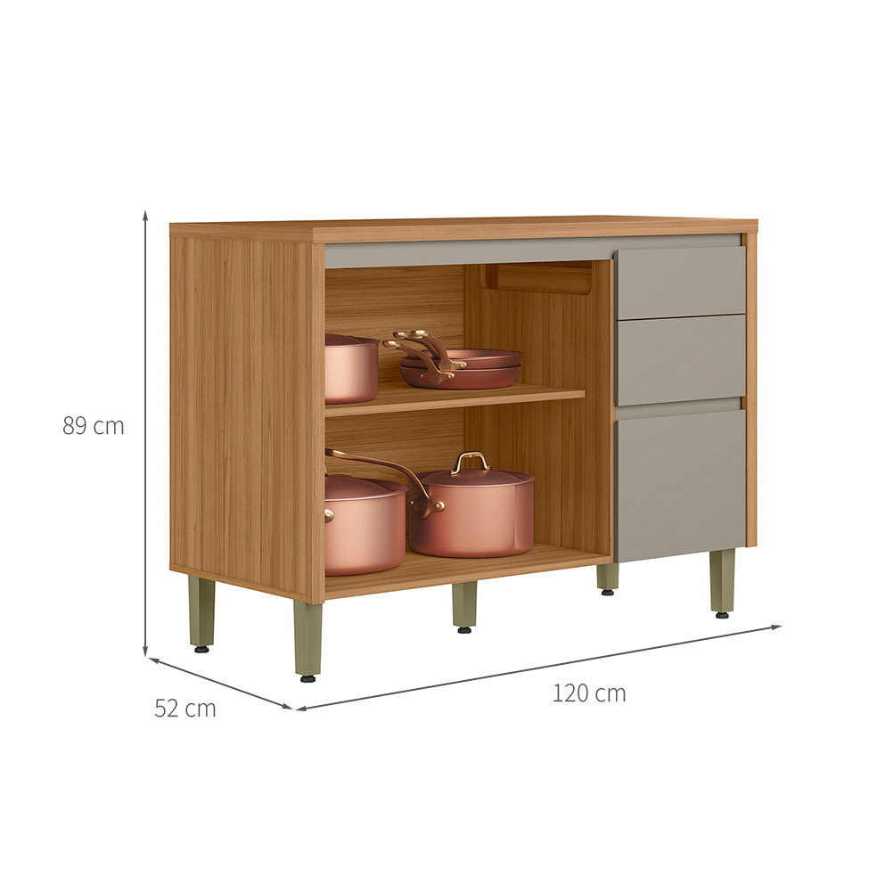 Balcão de Cozinha Allure com Tampo 2 Portas 3 Gavetas Gris e Jequtibá