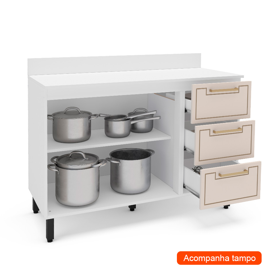 Balcão de Cozinha Amara com Tampo 2 Portas 3 Creme e Branco