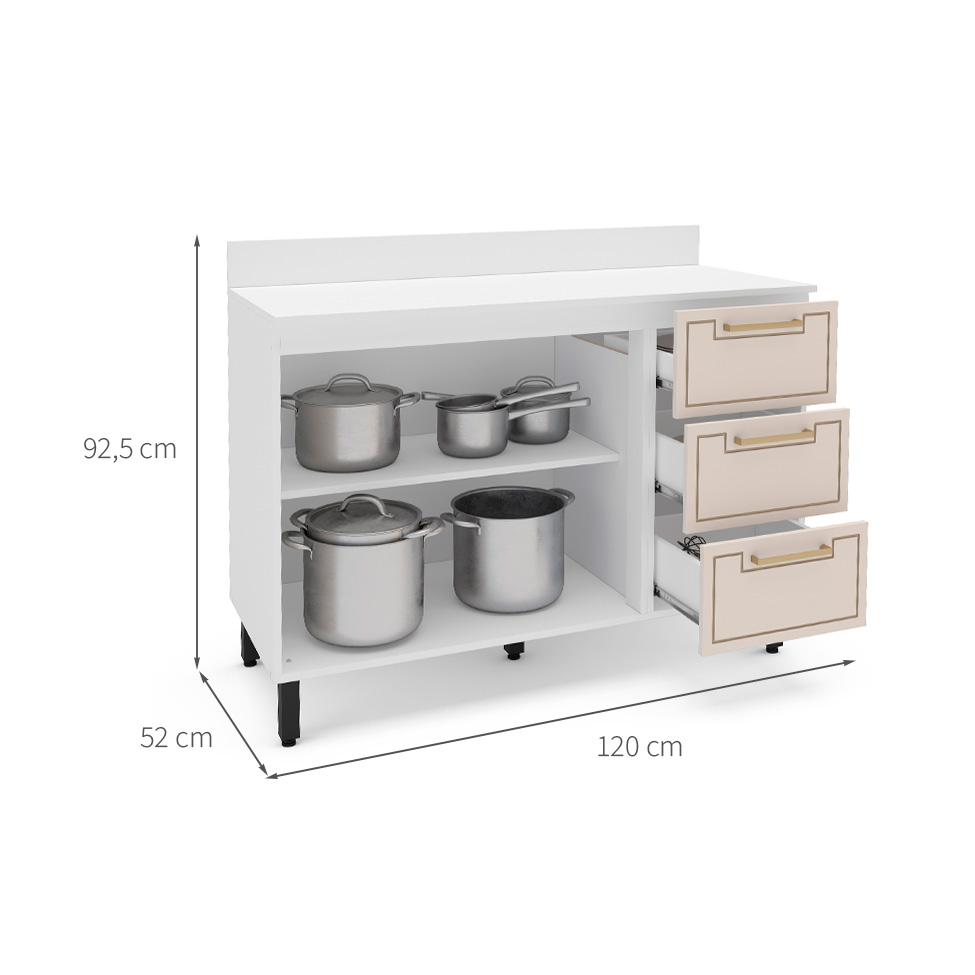Balcão de Cozinha Amara com Tampo 2 Portas 3 Creme e Branco