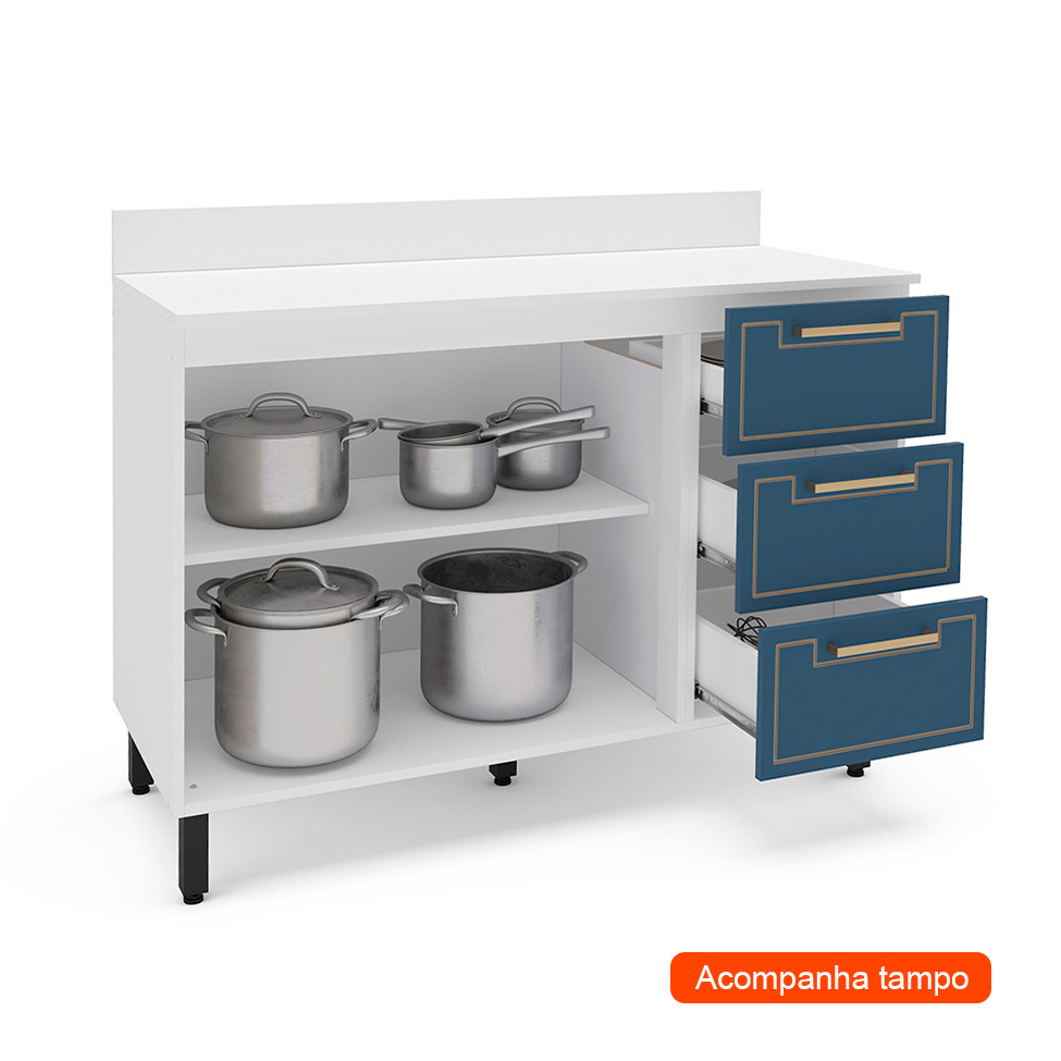 Balcão de Cozinha Amara com Tampo 2 Portas 3 Gavetas Azul e Branco