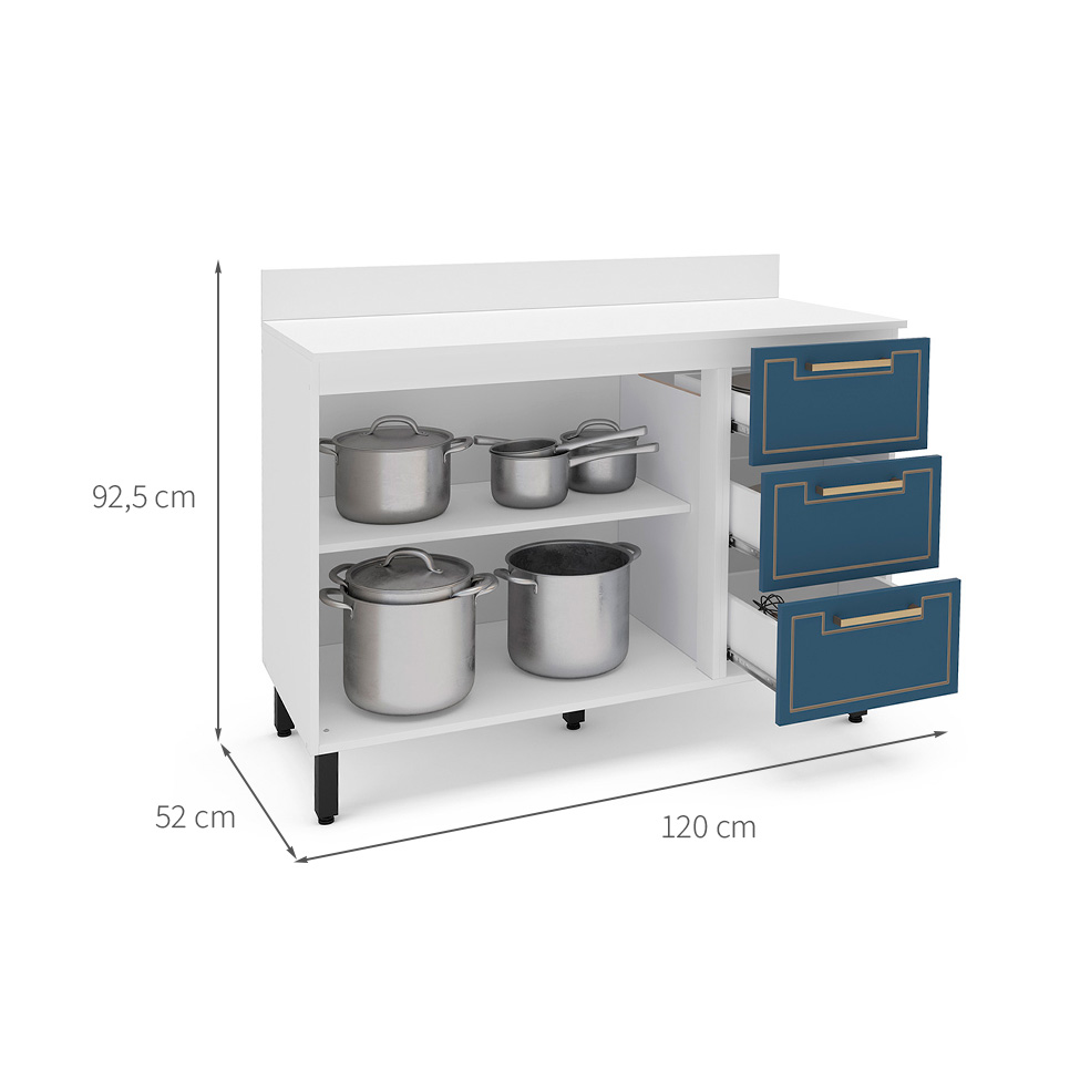 Balcão de Cozinha Amara com Tampo 2 Portas 3 Gavetas Azul e Branco