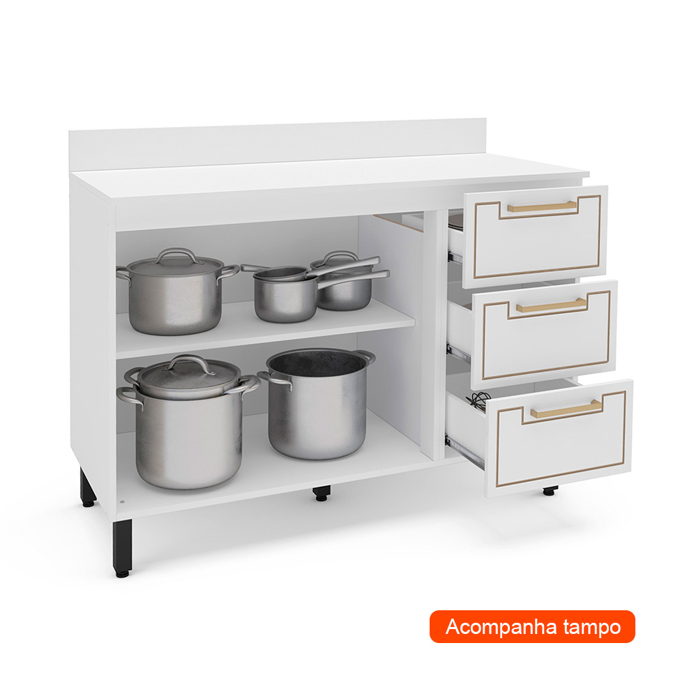 Balcão de Cozinha Amara com Tampo 2 Portas 3 Gavetas Branco