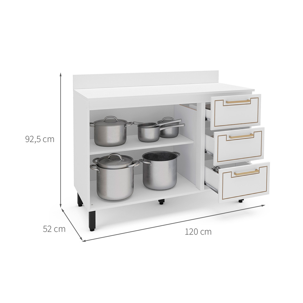 Balcão de Cozinha Amara com Tampo 2 Portas 3 Gavetas Branco