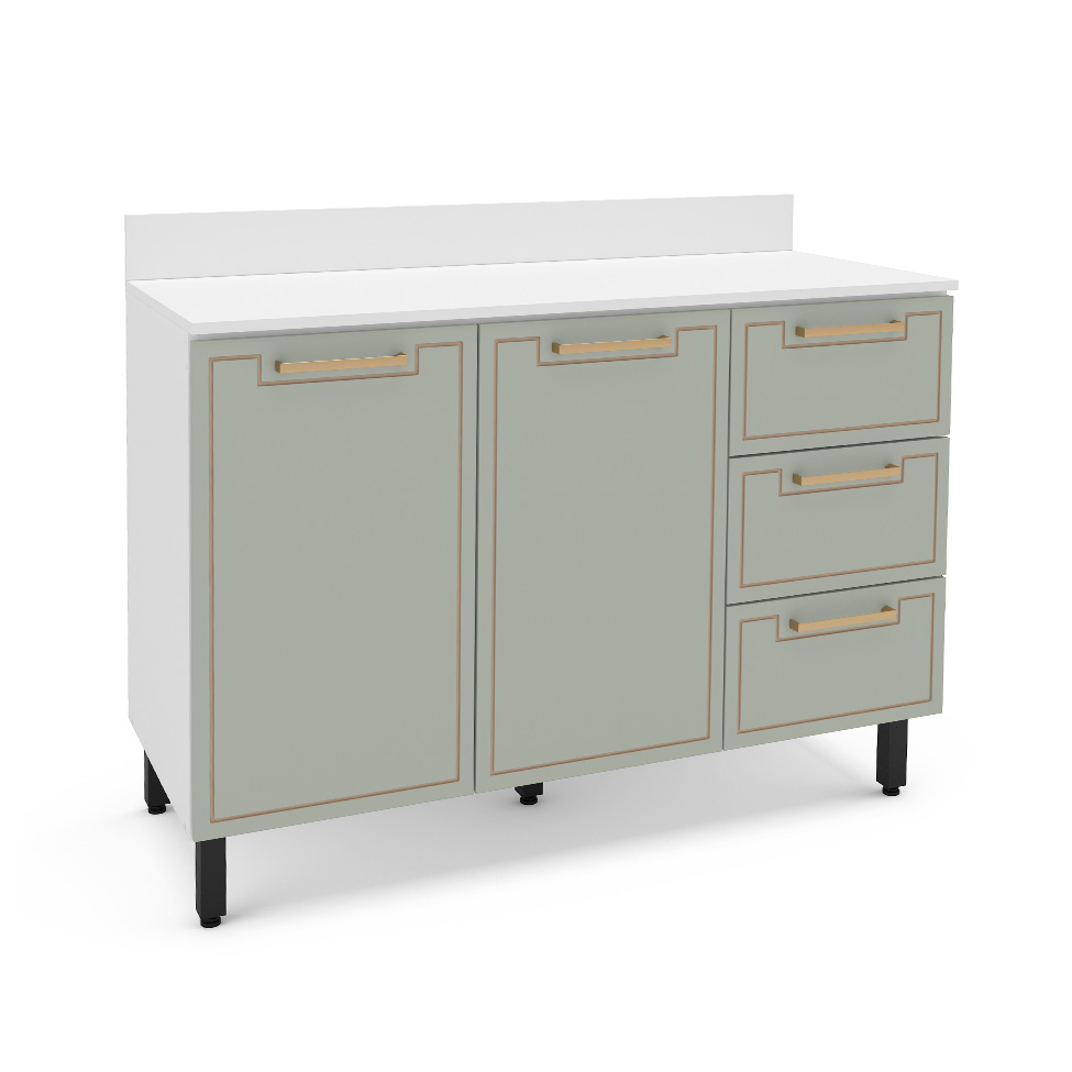 Balcão de Cozinha Amara com Tampo 2 Portas 3 Gavetas Verde e Branco