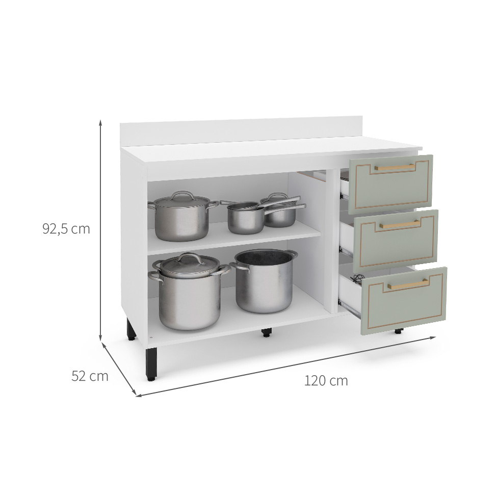 Balcão de Cozinha Amara com Tampo 2 Portas 3 Gavetas Verde e Branco