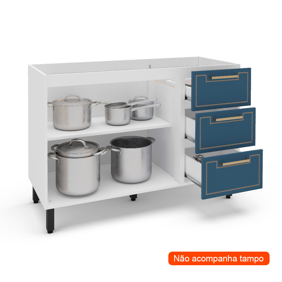 Balcão de Cozinha Amara sem Tampo 2 Portas 3 Gavetas Azul e Branco