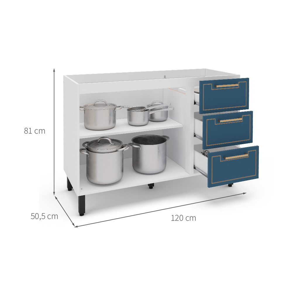 Balcão de Cozinha Amara sem Tampo 2 Portas 3 Gavetas Azul e Branco