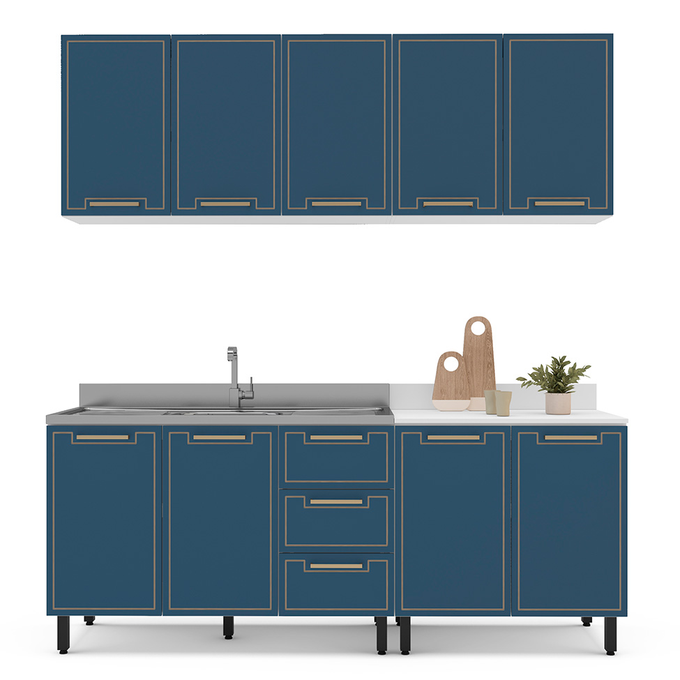 Balcão de Cozinha Amara sem Tampo 2 Portas 3 Gavetas Azul e Branco