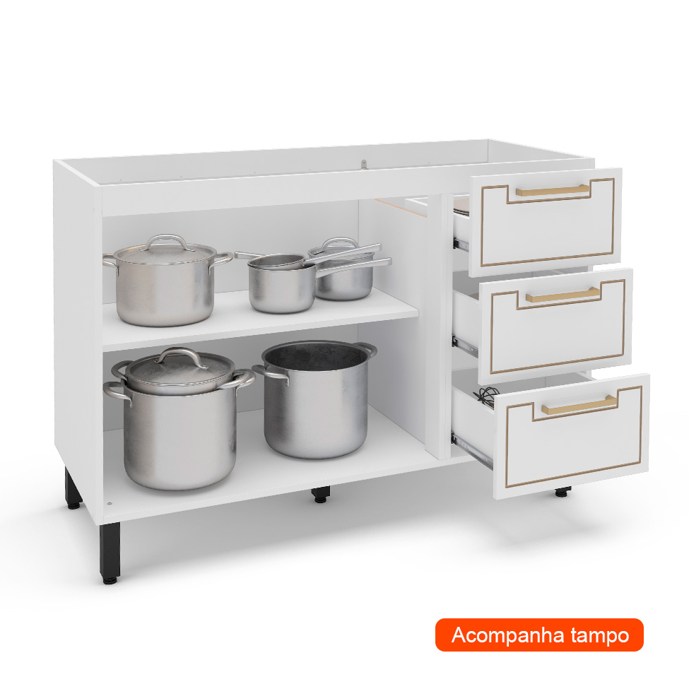 Balcão de Cozinha Amara sem Tampo 2 Portas 3 Gavetas Branco