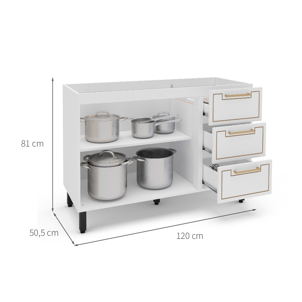 Balcão de Cozinha Amara sem Tampo 2 Portas 3 Gavetas Branco