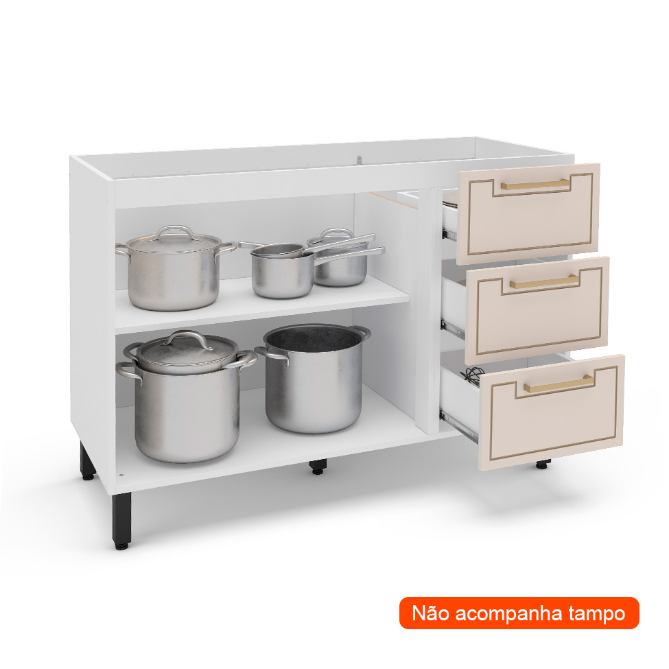 Balcão de Cozinha Amara sem Tampo 2 Portas 3 Gavetas Creme e Branco