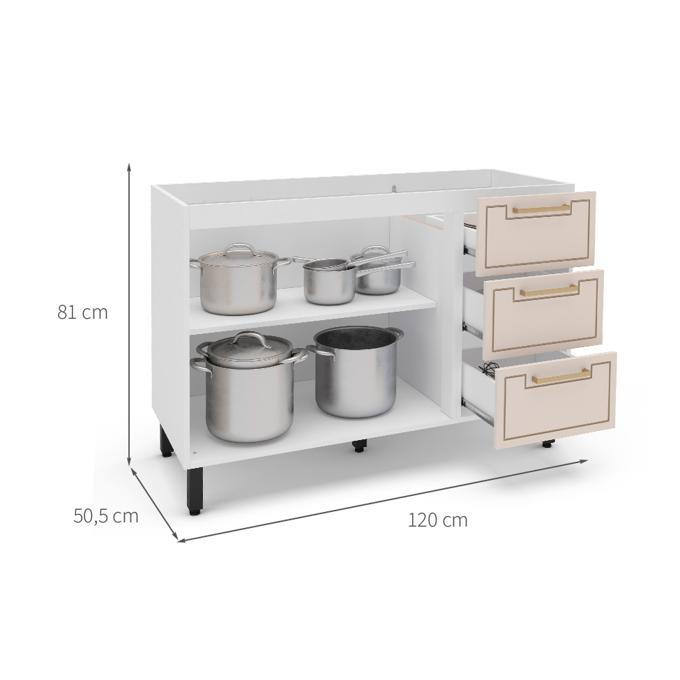 Balcão de Cozinha Amara sem Tampo 2 Portas 3 Gavetas Creme e Branco