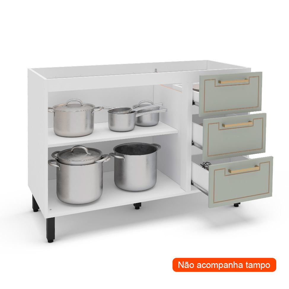 Balcão de Cozinha Amara sem Tampo 2 Portas 3 Gavetas Verde e Branco