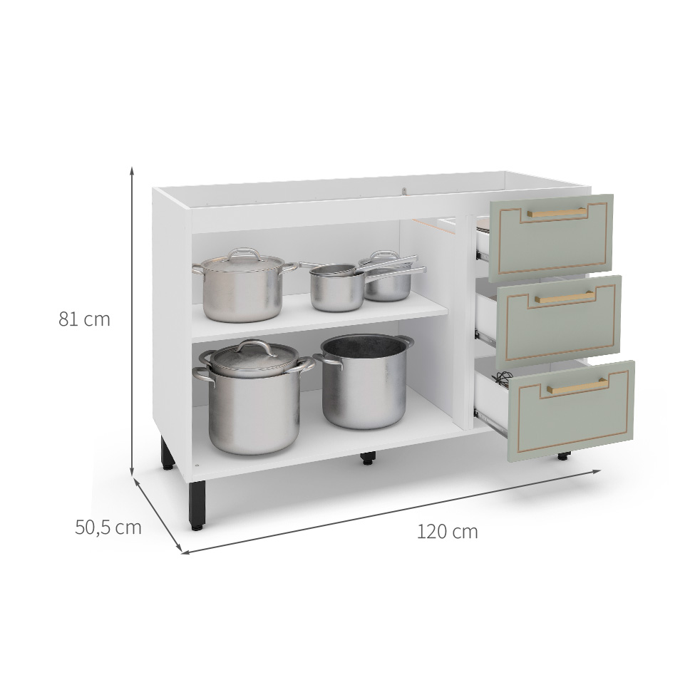Balcão de Cozinha Amara sem Tampo 2 Portas 3 Gavetas Verde e Branco