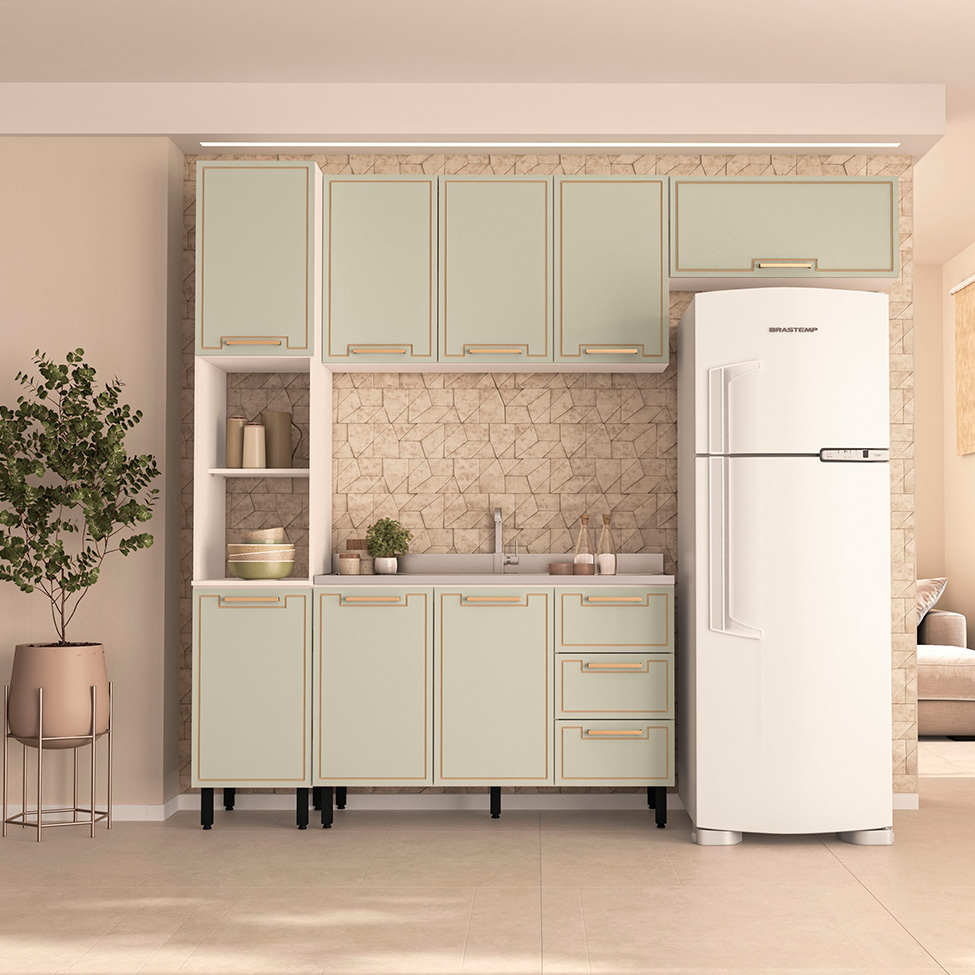 Balcão de Cozinha Amara sem Tampo 2 Portas 3 Gavetas Verde e Branco