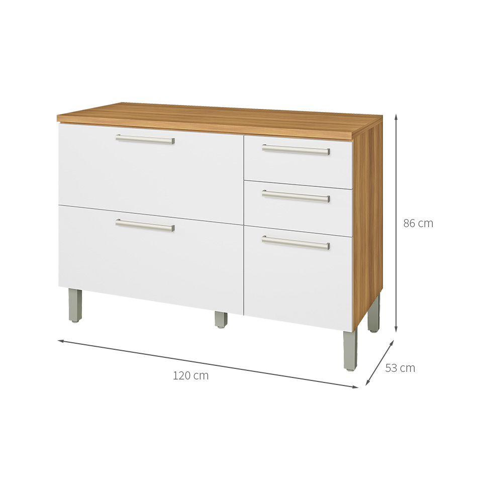 Balcão de Cozinha Burguesa Premium com Tampo 2 Portas 3 Gavetas Freijó e Branco