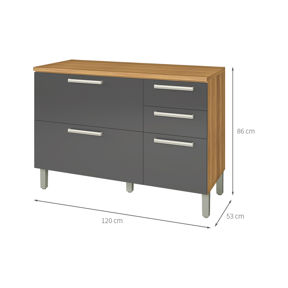 Balcão de Cozinha Burguesa Premium com Tampo 2 Portas 3 Gavetas Freijó e Grafite