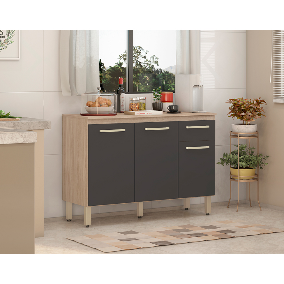 Balcão de Cozinha Dama com Tampo 3 Portas 1 Gaveta Avena e Grafito