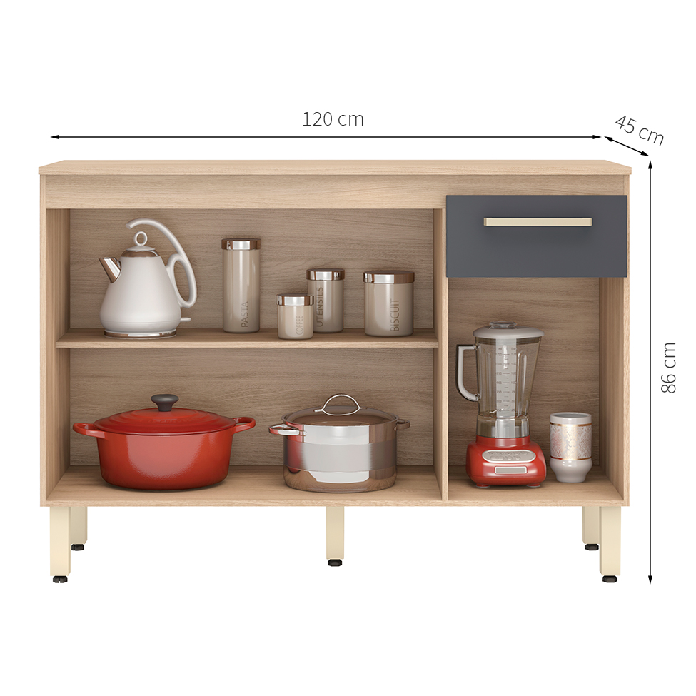 Balcão de Cozinha Dama com Tampo 3 Portas 1 Gaveta Avena e Grafito