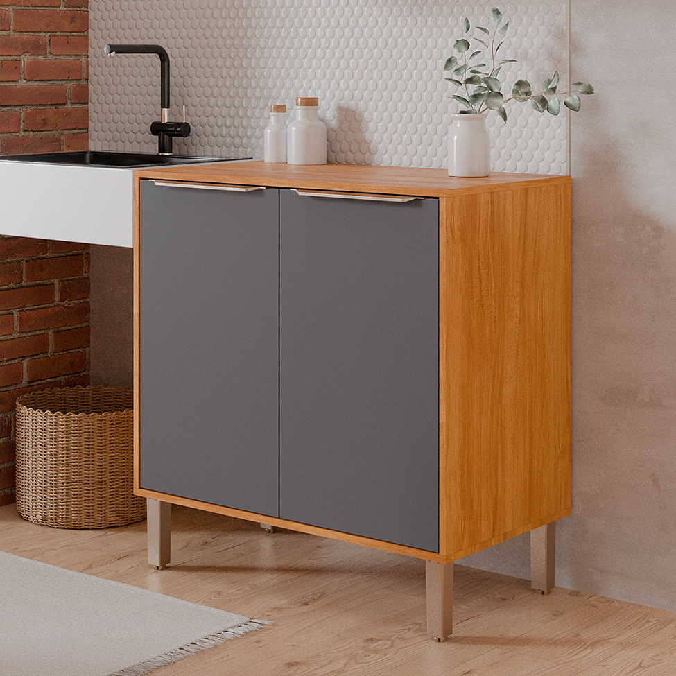 Balcão de Cozinha Domus 100% MDF com Tampo 100% MDF 2 Portas Cinamomo e Titanium