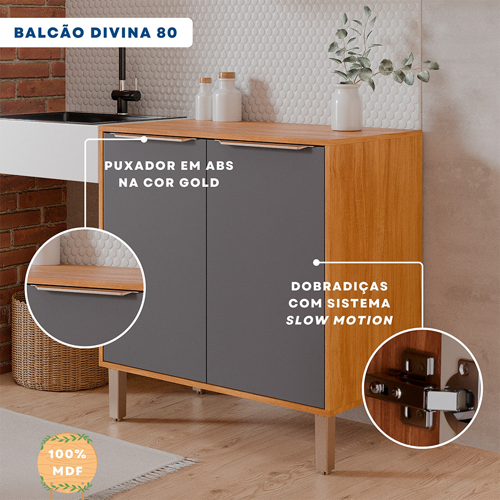 Balcão de Cozinha Domus 100% MDF com Tampo 100% MDF 2 Portas Cinamomo e Titanium