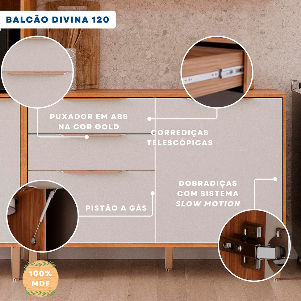 Balcão de Cozinha Domus 100% MDF com Tampo 2 Portas 2 Gavetas Cinamomo e Branco