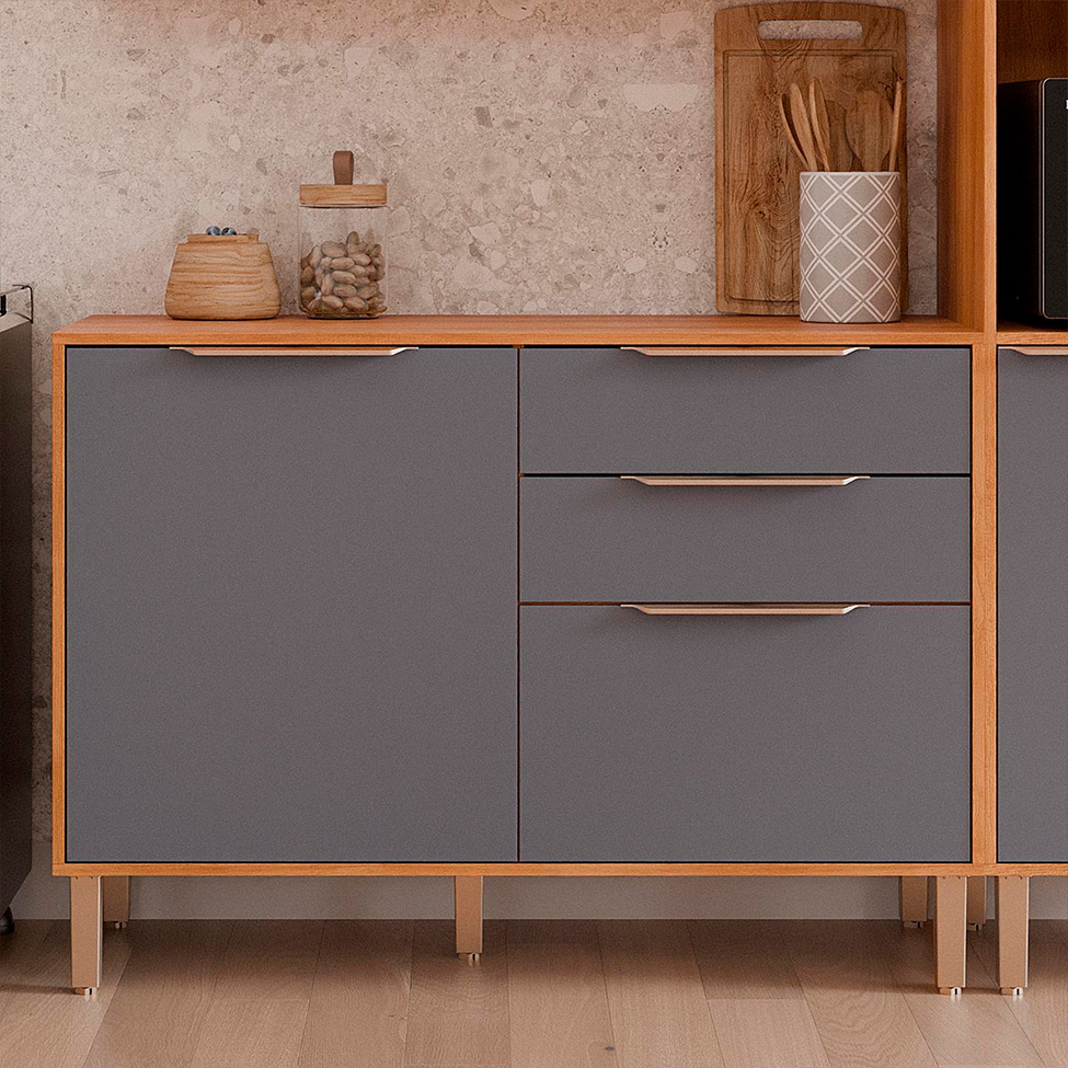 Balcão de Cozinha Domus 100% MDF com Tampo 2 Portas 2 Gavetas Cinamomo e Titanium