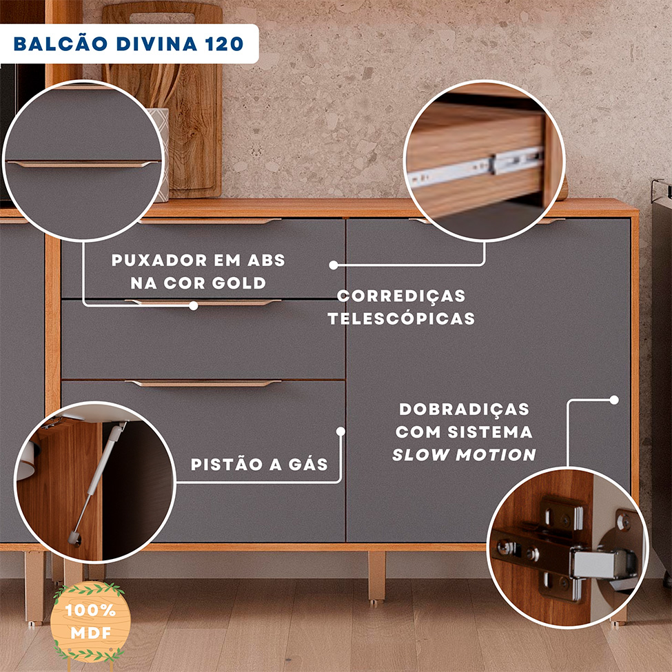 Balcão de Cozinha Domus 100% MDF com Tampo 2 Portas 2 Gavetas Cinamomo e Titanium