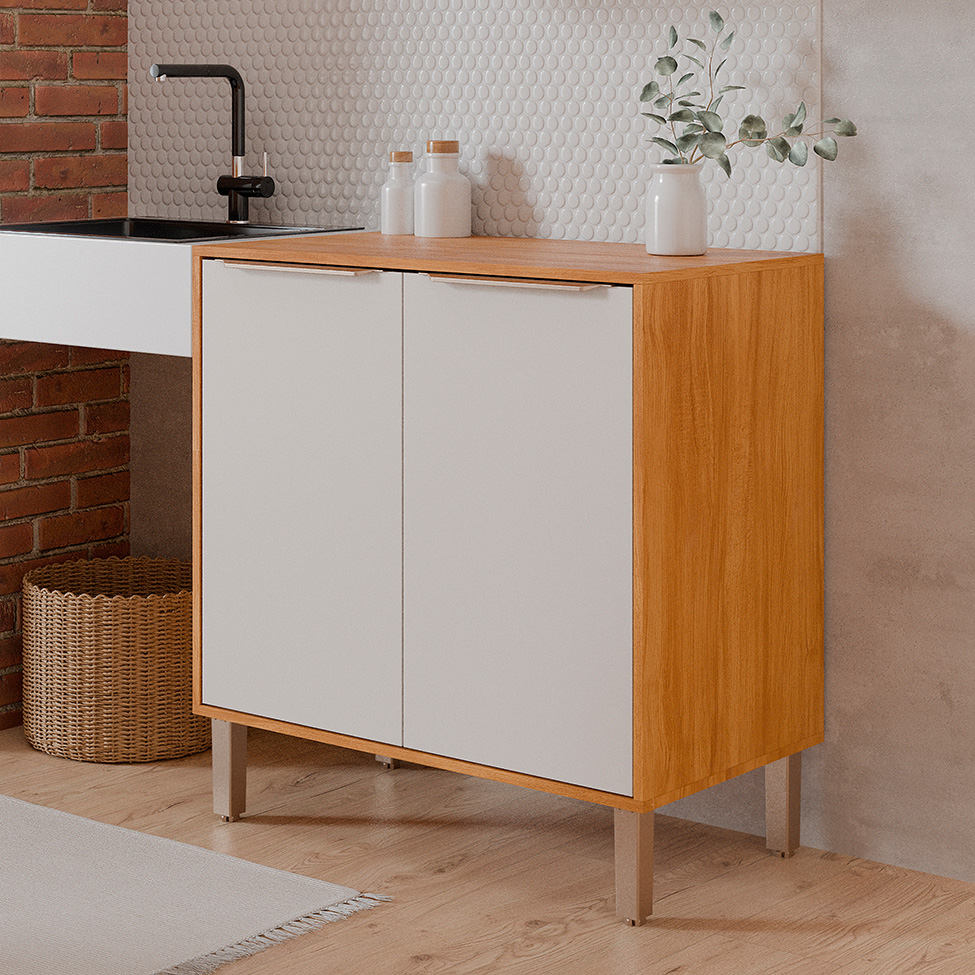 Balcão de Cozinha Domus 100% MDF com Tampo 2 Portas Cinamomo e Branco