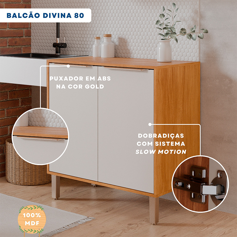 Balcão de Cozinha Domus 100% MDF com Tampo 2 Portas Cinamomo e Branco