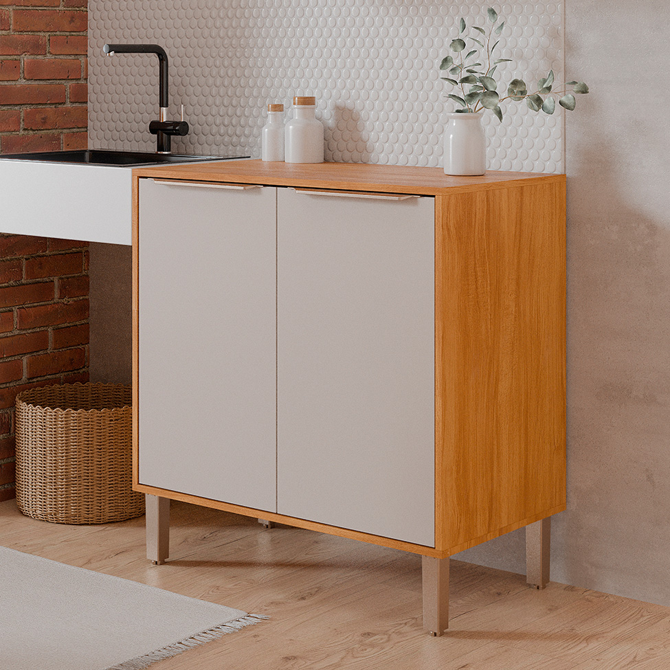 Balcão de Cozinha Domus 100% MDF com Tampo 2 Portas Cinamomo e Off White