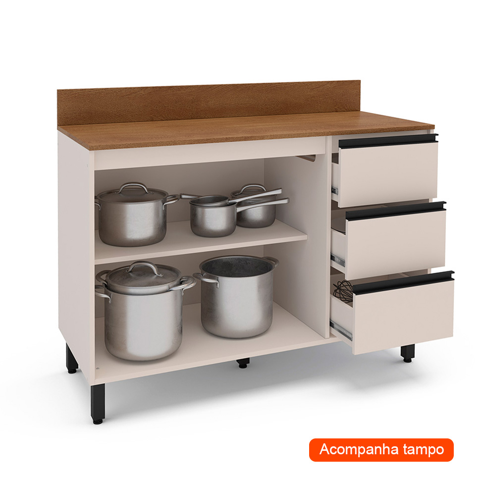 Balcão de Cozinha Koya com Tampo 2 Portas 3 Gavetas Creme
