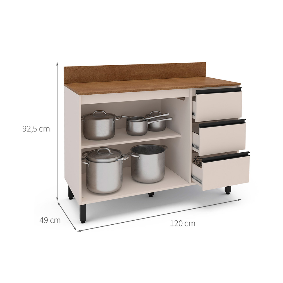 Balcão de Cozinha Koya com Tampo 2 Portas 3 Gavetas Creme