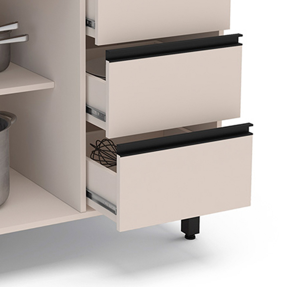 Balcão de Cozinha Koya com Tampo 2 Portas 3 Gavetas Creme