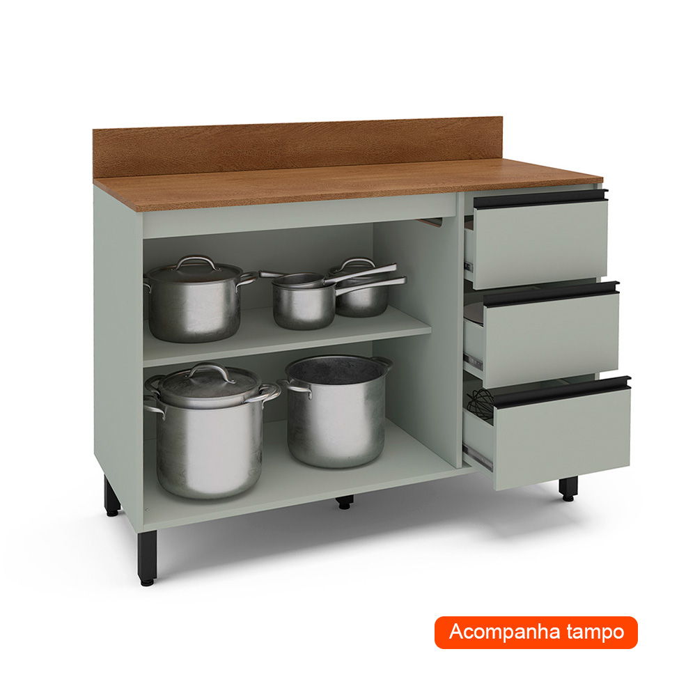 Balcão de Cozinha Koya com Tampo 2 Portas 3 Gavetas Verde Oliva