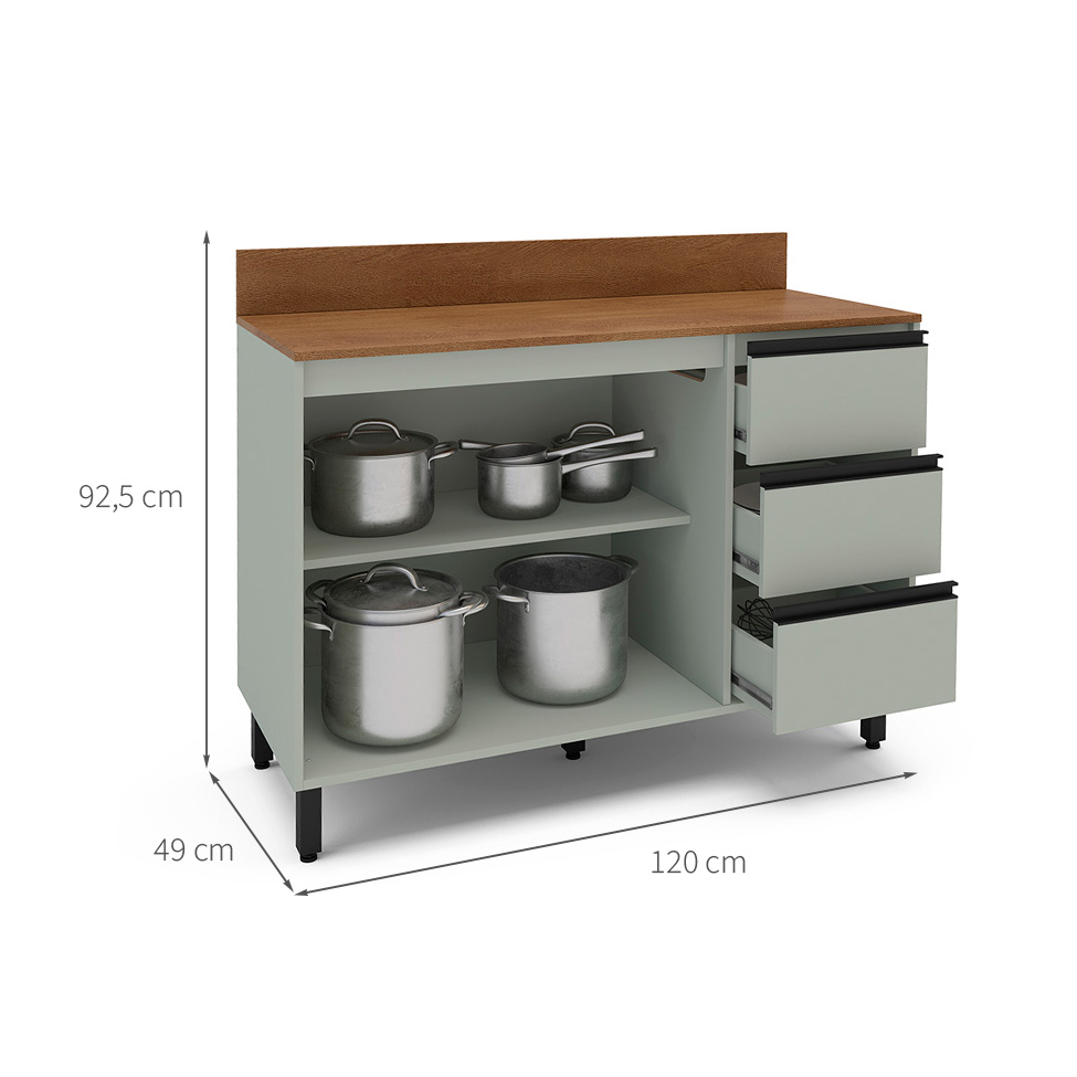 Balcão de Cozinha Koya com Tampo 2 Portas 3 Gavetas Verde Oliva